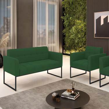 Imagem de Kit 1 Sofá Namoradeira e 1 Poltrona Elisa Veludo Verde Base Metálica Industrial Preto D03 - D'Rossi