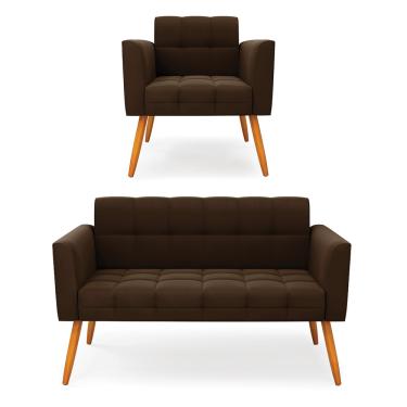 Imagem de Kit 1 Sofá Namoradeira e 1 Poltrona Elisa Suede Marrom Pés Palito Castanho D03 - D'Rossi