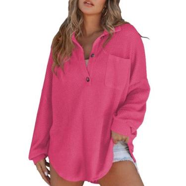 Imagem de Camisa túnica HVEPUO Waffle Knit Henley para mulheres rosa choque M