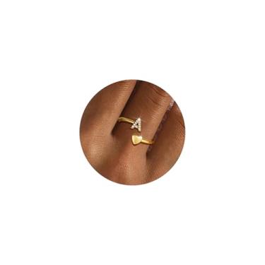 Imagem de Fezodo Anéis de Inicial de Ouro para Mulheres Não Manchas, Delicados Banhado a Ouro 14K Inicial Ajustável Anel Bonito Coração Letras Presentes de Aniversário para Mulheres, Latão, Sem pedra preciosa