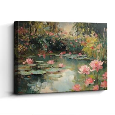 Imagem de Arte de parede Water Lily Pond – Impressão de paisagem de flor de lótus de 38 x 30 cm – Pôster botânico estilo Monet para sala de estar, quarto, escritório – Papel laminado sem moldura com exibição de