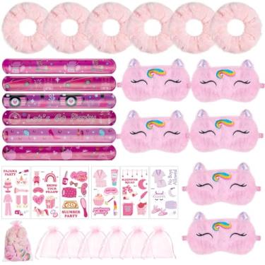 Imagem de 30 peças de lembrancinhas de festa do pijama para meninas – material de festa do pijama com 6 máscaras oculares, 6 elásticos elásticos, 6 tatuagens temporárias e 6 sacos de organza (suprimentos de