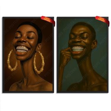 Imagem de Arte de parede em tela de mulher negra, impressão de pôster de mulher negra continue sorrindo, decoração de parede afro-americana moderna para quarto de família conjunto de 2 8 x 30 cm em tela sem