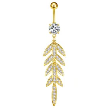 Imagem de Niaspi Anéis de umbigo femininos com pingente de folha de strass brilhante 14G de aço cirúrgico 316L CZ com folhas longas penduradas no umbigo, joia delicada para piercing corporal (ouro)