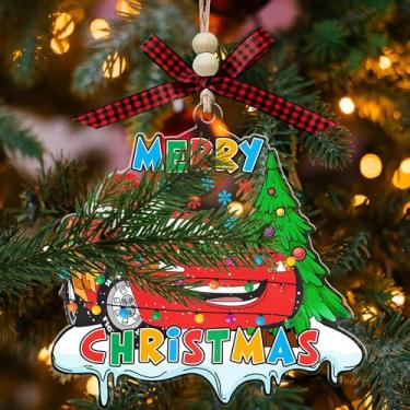 Imagem de Enfeite de acrílico de Natal de carro de corrida vermelho - decoração de pendurar árvore de Natal - Lightning Car Mc ornamento de desenho animado presente para crianças - meninos - meninas - fãs (com
