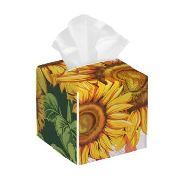 Imagem de Suporte quadrado de couro para caixa de lenços de papel, impermeável, flores, girassóis, bandeira, organizador de papel facial com cinto inferior, estojo de lenços para mesa, banheiro, escritório