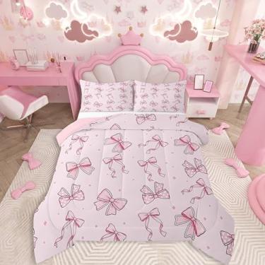 Imagem de Feelyou Jogo de cama fofo com laço, macio para meninos e meninas, conjunto de edredom com laço de aquarela, tamanho solteiro, rosa, microfibra, laço sonhador, decoração de quarto, 2 peças com 1 fronha