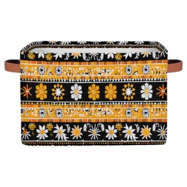 Imagem de hongjinglin Cestas de armazenamento pequenas, flores étnicas astecas com alças, caixas de armazenamento de brinquedos infantis, organizador de cubo de tecido dobrável para berçário, sala de estar