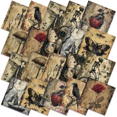 Imagem de Hahafelt 10 peças de tecido acolchoado de Natal gótico de 50,8 x 50,8 cm, quadrados vintage, crânio, corvo preto, tecido gordo, da The Yard Spooky Horror pré-cortado estampado patchwork para