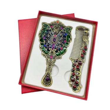 Imagem de Espelho de maquiagem princesa com pente pequeno em relevo pavão conjunto de pente de espelho de maquiagem criativo alça de metal (estilo4 verde)