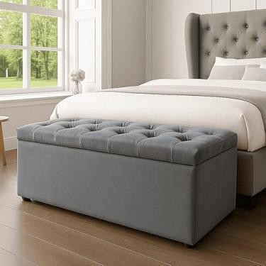 Imagem de Baú Estofado 90cm com Veludo ou Suede - Organizador Multiuso para Pé de Cama, Brinquedos e Sapatos(CINZA SUEDE)