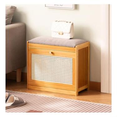 Imagem de SPXMQSS Banco de sapatos estreito, sapateira banco de assento com assento acolchoado sapateira economia de espaço com portas de vime para corredor, sala de estar, quarto cor de madeira 50 x 24 x 44 cm