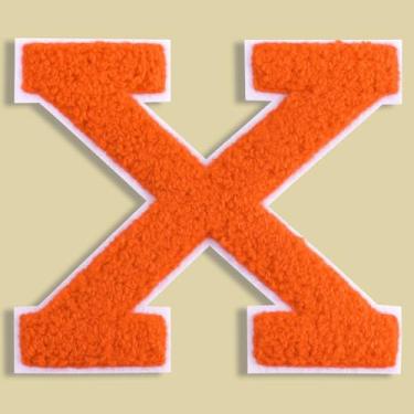 Imagem de QianSiLi Adesivos de letras universitárias de chenille laranja de 11 cm, letras grandes para jaquetas Letterman, moletons com capuz, mochilas, coletes, roupas, adesivos individuais de letra X