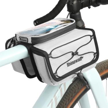 Imagem de Rhinowalk Bolsa para quadro de bicicleta com bolsa de telefone para tela sensível ao toque – Bolsa de tubo de bicicleta à prova d'água com capa de chuva, armazenamento lateral duplo para acessórios de