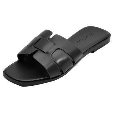 Imagem de Sandálias rasteiras femininas, chinelos femininos de couro com alça cruzada, sapatos elegantes e confortáveis, elegantes para o verão, outono, primavera, fofo, bico aberto, calçado casual, Preto, 34