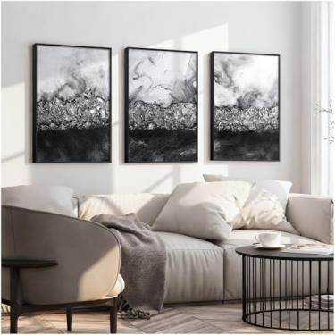 Imagem de VIYYIEA Conjunto de arte de parede grande com textura 3D emoldurada de metal, estética de 3 peças, preto e branco, impressão em tela abstrata para sala de estar, pintura texturizada moderna, decoração