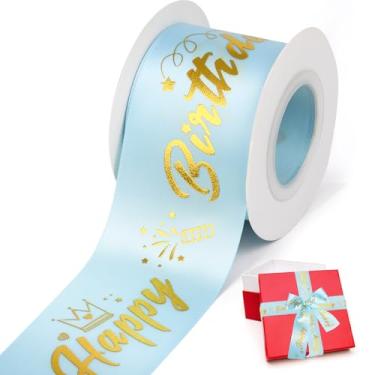 Imagem de Fita de feliz aniversário, decoração de aniversário, caixa de presente, fita de cetim preta com glitter para artesanato, fabricação de banners e decoração de bolos, 5 cm x 10 metros (azul)