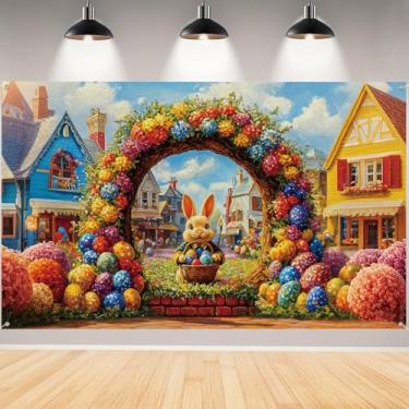 Imagem de Pano de fundo de páscoa, faixa fotográfica de fundo de páscoa colorido ovos coelhos cenários para crianças decorações e suprimentos de festa infantil - 180 x 109 cm (aquarela)