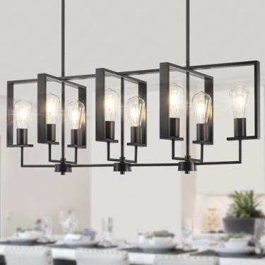 Imagem de GZBEINI Iluminação de ilha de cozinha de 8 luzes, luminárias pretas para sala de jantar, lustres grandes retangulares de casa de fazenda de 95 cm, lustres industriais modernos sobre mesa luzes