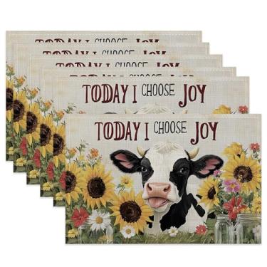 Imagem de Jogo americano rústico de tecido de vaca, jogo americano de mesa de girassol country conjunto de 6 tapetes de pano, tapetes de mesa laváveis resistentes ao calor para decoração de casa, cozinha, sala