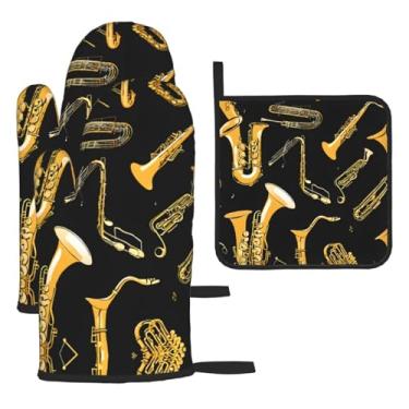 Imagem de Conjunto de 3 peças essenciais de cozinha com 3 peças com notas musicais, luvas seguras para aquecer e segurar a tampa, proteção para churrasco no forno, design de armazenamento suspenso.
