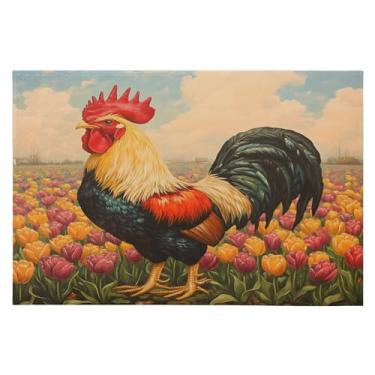 Imagem de Tapete de área 60 x 90 cm, macio, lavável, antiderrapante, com revestimento de borracha, galo, tulipa para sala de estar, quarto, decoração de casa