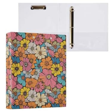 Imagem de Fichário retrô Groovy de flores hippie de 3 cm com prancheta e bolsos, fichário de capa dura boho com 3 anéis, pasta de arquivo grande resistente para material escolar de escritório - Comporta 200