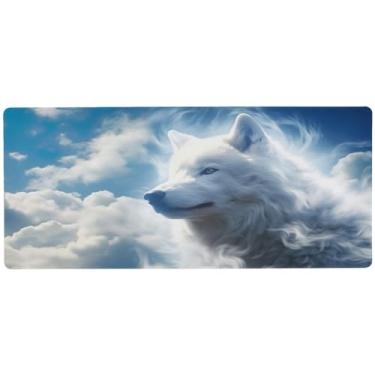Imagem de Wassud Tapete de mouse branco lobo nuvem para jogos com base de borracha antiderrapante, mouse pad longo para teclado de computador com borda costurada, almofada grande à prova d'água para escritório