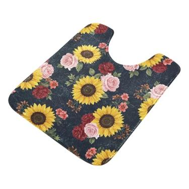 Imagem de Burbuja Tapete de banheiro de rosas de girassóis, tapete de banho absorvente de pelúcia macio, base de vaso sanitário antiderrapante para piso de banheiro, oval em forma de U