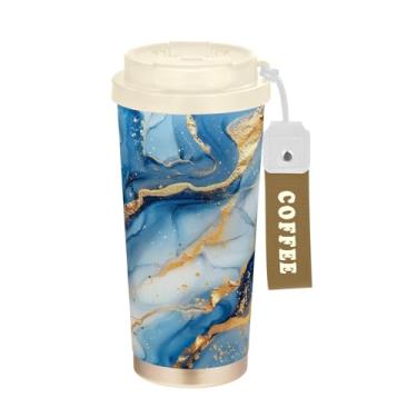 Imagem de YETTASBIN Caneca de café de mármore com isolamento térmico de 482 g com tampa canudo, copo à prova de derramamento e vazamento com alça para bebida quente e fria, garrafa de água de aço inoxidável