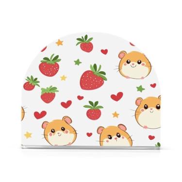 Imagem de Qilmy Porta-guardanapos, hamsters fofos com morangos, porta-guardanapos para mesas, cozinha, restaurante, decoração de casa, suporte decorativo moderno para guardanapos de coquetel de papel de jantar