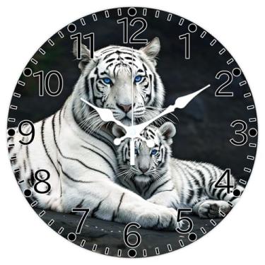 Imagem de CHGCRAFT Relógio de parede de tigre branco, relógio de 30 cm, placa de madeira, relógios decorativos redondos para quarto, sala de estar, cozinha, escritório