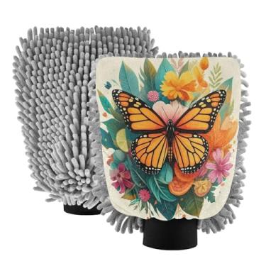 Imagem de STAYTOP Lindas luvas de lavagem de carro de borboleta, 2 peças, luvas de microfibra de chenille, sem arranhões, panos de esponja de lavagem ultra absorventes para carros, limpeza doméstica - G