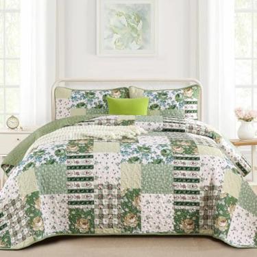 Imagem de Anibedding 3 colchas de patchwork, tamanho king, estilo verde claro, flores xadrez com fronhas duplas para todas as estações