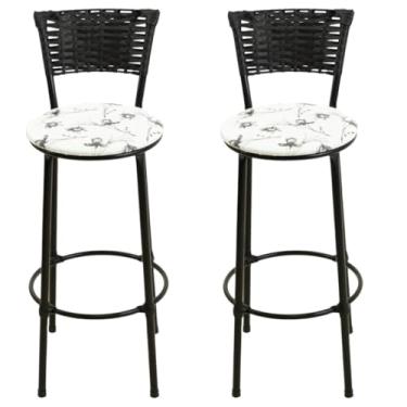Imagem de Jogo De 2 Banquetas Alta De Fibra Sintética PRETO Casa Bar Balcão Junco Vime(BRANCO FLORIDO)