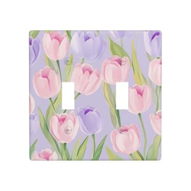 Imagem de Indokyeyqaz Tulipas roxo rosa duplo interruptor interruptor de luz placa decorativa parede placas, 2 placas de interruptor de gangue e capas de tomada 11,4 cm x 11,4 cm para quarto, banheiro, cozinha