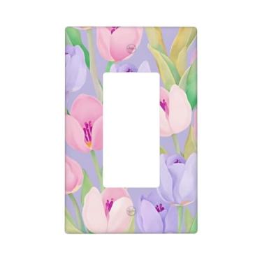 Imagem de Indokyeyqaz Tulipas roxo rosa único interruptor interruptor de luz placa decorativa placas de parede, 1 placa de interruptor de gangue e capas de tomada 6,9 cm x 11,2 cm para quarto, banheiro, cozinha