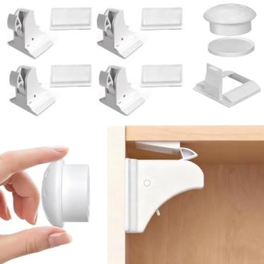 Imagem de À prova de fechaduras magnéticas para armários – à prova de trincos de gavetas – Fácil instalação adesiva (4 fechaduras + 1 chave + 1 suporte)