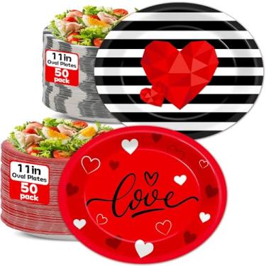 Imagem de 100 peças de pratos ovais de papel para o dia dos namorados, vermelho, coração, amor, descartáveis, preto e branco, pratos ovais listrados, bandejas de louça de jantar para casamento, aniversário