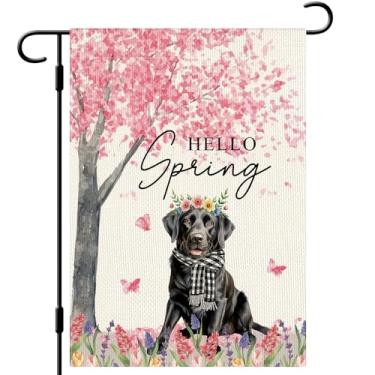 Imagem de DLZDN Bandeira de jardim de cachorro primavera preto labrador bandeira floral 30,5 x 45,7 cm dupla face vertical serapilheira sinal de quintal decoração sazonal ao ar livre