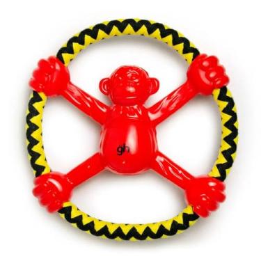 Imagem de Brinquedo Interativo para Cães, Macaco Vermelho com Corda Trançada Amarela e Preta, 19 x 19 cm, para Higiene Bucal e Brincadeiras Aquáticas