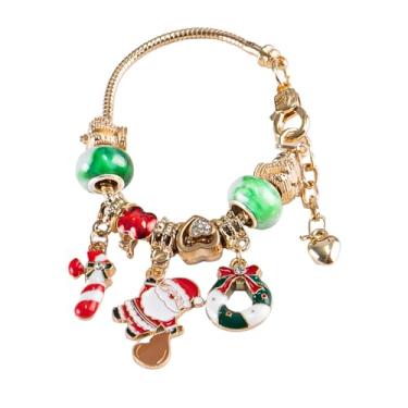 Imagem de Pulseira Charm Feminina Natal Tom Dourado | Liga de Zinco Sem Níquel | Corrente de Cobra Ajust. 18-21cm | Pingentes Papai Noel/Cajado de Doce/Rosquinha | Caixa de Presente Inclusa