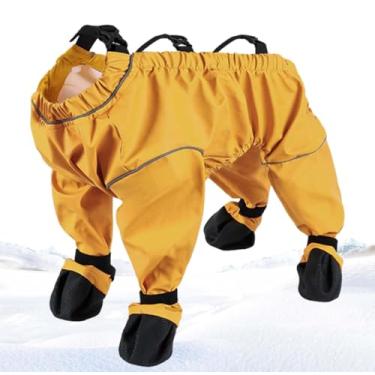 Imagem de Roupa de neve para cães com botas anexadas, leggings antiderrapantes impermeáveis para cães com suspensórios ajustáveis, calça protetora de pata à prova de sujeira para o inverno (amarela, pequena)