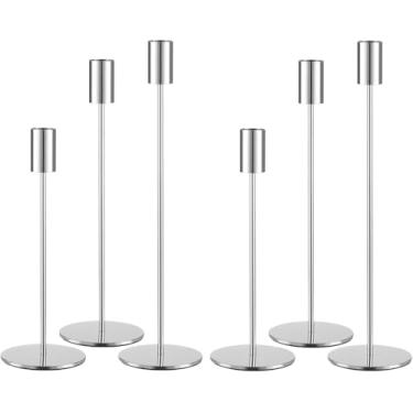Imagem de AUMAYCO Conjunto de 12 castiçais prateados, castiçais altos, castiçais metálicos prateados, serve para velas grossas de 1,9 cm e velas de LED, para mesa de centro de mesa, casamento, jantar, decoração