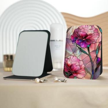 Imagem de Espelho de maquiagem portátil série de flores frescas de pintura a óleo, mini espelho de maquiagem portátil dobrável, espelho de contorno quadrado portátil com flip vertical, adequado para todos em