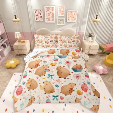 Imagem de Erosebridal Conjunto de edredom fofo de capivara, solteiro, para crianças, meninas, fogos de artifício, laços, cupcakes, presentes, desenho animado, estrelas, coração, bege claro, edredom para