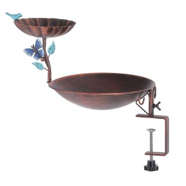 Imagem de CaliDecor Banheira de pássaros montada no deck e alimentador de pássaros para grade de varanda, alimentadores de pássaros 2 em 1 para ambientes externos, banheiras de pássaros ao ar livre com