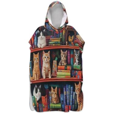 Imagem de Joisal Roupão de mudança de tamanho grande para adultos, poncho de surfe, praia, banho, toalhas com capuz, colorido, estante de livros, gatos, unissex, poncho adulto com capuz