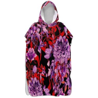 Imagem de Joisal Roupão para adultos poncho de surfe praia banho com capuz toalhas leves para adultos ponchos para mulheres vermelho roxo flores preto