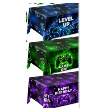 Imagem de Gupesxu 3 peças de capa de mesa de videogame, decoração de aniversário de videogame, de plástico neon, à prova d'água, decorações de festa de jogos, para meninos e meninas, artigos de festa de